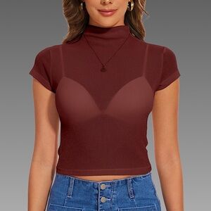 NWT Sparkly Maroon See-Through Mock Neck Crop Tshirt Sz small
